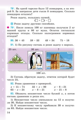 1414
78. Íà îäíîé òàðåëêå áûëî 12 ïîìèäîðîâ, à íà âòî-
ðîé 9. Çà çàâòðàêîì äåòè ñúåëè 8 ïîìèäîðîâ. Ñêîëüêî
ïîìèäîðîâ îñòàëîñü?
Ðåøè çàäà÷ó, ïîëüçóÿñü ñõåìîé.
( + ) – 
Ðåøè çàäà÷ó äðóãèìè ñïîñîáàìè.
79. Ïîñëå ïîìîëà 100 êã ïøåíèöû ïîëó÷èëè 2 êã
ìàííîé êðóïû è 80 êã ìóêè. Îñòàòîê ñîñòàâëÿëè
êîðìîâûå îòõîäû. Ñêîëüêî êèëîãðàììîâ êîðìîâûõ
îòõîäîâ?
80. 36 + 43 59 – 33 48 + 34 75 – 18
81. 1) Ïî ðèñóíêó ñîñòàâü è ðåøè çàäà÷ó î ìàðêàõ.
100 øò.
25 øò. 30 øò. ?
2) Ñîñòàâü îáðàòíóþ çàäà÷ó, îòâåòîì êîòîðîé áóäåò
÷èñëî 25.
82. Ðåøè óðàâíåíèÿ ñ ïðîâåðêîé.
õ + 15 74 32 + õ 80 õ – 8 21
63 – õ 24 õ – 8 21 õ – 21 8
83. Îáîçíà÷ü íåèçâåñòíîå ÷èñëî áóêâîé õ, à ïîòîì
ñîñòàâü óðàâíåíèå è ðåøè åãî.
1) Íåèçâåñòíîå ÷èñëî óìåíüøèëè íà 12 è ïîëó÷è-
ëè 36. Íàéäè íåèçâåñòíîå ÷èñëî.
2) Ê íåèçâåñòíîìó ÷èñëó ïðèáàâèëè 30 è ïîëó÷è-
ëè 63. Íàéäè íåèçâåñòíîå ÷èñëî.
Bogdanovych_Mat_P_3rus_(089-13)_v.indd 14 13.08.2014 10:32:42
 