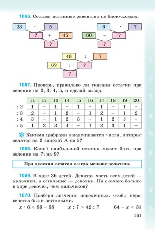 161161
1066. Ñîñòàâü èñòèííûå ðàâåíñòâà ïî áëîê-ñõåìàì.
23 5
45
·
+?
?
76
60
·
– ?
?
749
63
:
: ?
?
1067. Ïðîâåðü, ïðàâèëüíî ëè óêàçàíû îñòàòêè ïðè
äåëåíèè íà 2, 3, 4, 5, è ñäåëàé âûâîä.
11 12 13 14 15 16 17 18 19 20
: 2 1 – 1 – 1 – 1 – 1 –
: 3 2 – 1 2 – 1 2 – 1 2
: 4 3 – 1 2 3 – 1 2 3 –
: 5 1 2 3 4 – 1 2 3 4 –
Êàêèìè öèôðàìè çàêàí÷èâàþòñÿ ÷èñëà, êîòîðûå
äåëÿòñÿ íà 2 íàöåëî? À íà 5?
1068. Êàêîé íàèáîëüøèé îñòàòîê ìîæåò áûòü ïðè
äåëåíèè íà 7; íà 9?
Ïðè äåëåíèè îñòàòîê âñåãäà ìåíüøå äåëèòåëÿ.
1069. Â õîðå 36 äåòåé. Äåâÿòàÿ ÷àñòü âñåõ äåòåé —
ìàëü÷èêè, à îñòàëüíûå — äåâî÷êè. Íà ñêîëüêî áîëüøå
â õîðå äåâî÷åê, ÷åì ìàëü÷èêîâ?
1070. Ïîäáåðè çíà÷åíèÿ ïåðåìåííûõ, ÷òîáû íåðà-
âåíñòâà áûëè èñòèííûìè.
õ · 6 < 86 – 58 õ : 7 > 42 : 7 64 – õ < 34
Bogdanovych_Mat_P_3rus_(089-13)_v.indd 161 13.08.2014 10:33:02
 