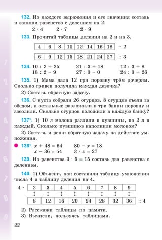 2222
132. Èç êàæäîãî âûðàæåíèÿ è åãî çíà÷åíèÿ ñîñòàâü
è çàïèøè ðàâåíñòâî ñ äåëåíèåì íà 2.
2 · 4 2 · 7 2 · 9
133. Ïðî÷èòàé òàáëèöû äåëåíèÿ íà 2 è íà 3.
4 6 8 10 12 14 16 18 : 2
6 9 12 15 18 21 24 27 : 3
134. 10 : 2 + 25 21 : 3 + 18 12 : 3 + 8
18 : 2 – 9 27 : 3 – 0 24 : 3 + 26
135. 1) Ìàìà äàëà 12 ãðí ïîðîâíó òð ì äî÷åðÿì.
Ñêîëüêî ãðèâåí ïîëó÷èëà êàæäàÿ äåâî÷êà?
2) Ñîñòàâü îáðàòíóþ çàäà÷ó.
136. Ñ êóñòà ñîáðàëè 26 îãóðöîâ. 8 îãóðöîâ ñúåëè çà
îáåäîì, à îñòàëüíûå ðàçëîæèëè â òðè áàíêè ïîðîâíó è
çàñîëèëè. Ñêîëüêî îãóðöîâ ïîëîæèëè â êàæäóþ áàíêó?
137. 1) 10 ë ìîëîêà ðàçëèëè â êóâøèíû, ïî 2 ë â
êàæäûé. Ñêîëüêî êóâøèíîâ íàïîëíèëè ìîëîêîì?
2) Ñîñòàâü è ðåøè îáðàòíóþ çàäà÷ó íà äåéñòâèå óì-
íîæåíèÿ.
138. õ + 48 64 80 – õ 18
õ – 36 54 3 · õ 27
139. Èç ðàâåíñòâà 3 · 5 15 ñîñòàâü äâà ðàâåíñòâà ñ
äåëåíèåì.
140. 1) Îáúÿñíè, êàê ñîñòàâèëè òàáëèöó óìíîæåíèÿ
÷èñëà 4 è òàáëèöó äåëåíèÿ íà 4.
4 · 2 3 4 5 6 7 8 9
8 12 16 20 24 28 32 36 : 4
2) Ðàññêàæè òàáëèöû ïî ïàìÿòè.
3) Âû÷èñëè, ïîëüçóÿñü òàáëèöàìè.
Bogdanovych_Mat_P_3rus_(089-13)_v.indd 22 13.08.2014 10:32:43
 