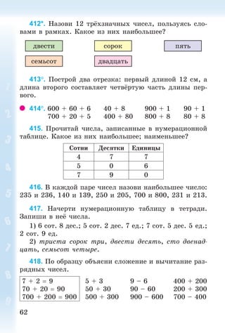 6262
412*. Íàçîâè 12 òð õçíà÷íûõ ÷èñåë, ïîëüçóÿñü ñëî-
âàìè â ðàìêàõ. Êàêîå èç íèõ íàèáîëüøåå?
äâåñòè
ñåìüñîò
ñîðîê
äâàäöàòü
ïÿòü
413. Ïîñòðîé äâà îòðåçêà: ïåðâûé äëèíîé 12 ñì, à
äëèíà âòîðîãî ñîñòàâëÿåò ÷åòâ ðòóþ ÷àñòü äëèíû ïåð-
âîãî.
414. 600 + 60 + 6 40 + 8 900 + 1 90 + 1
700 + 20 + 5 400 + 80 800 + 8 80 + 8
415. Ïðî÷èòàé ÷èñëà, çàïèñàííûå â íóìåðàöèîííîé
òàáëèöå. Êàêîå èç íèõ íàèáîëüøåå; íàèìåíüøåå?
Ñîòíè Äåñÿòêè Åäèíèöû
4 7 7
5 0 6
7 9 0
416. Â êàæäîé ïàðå ÷èñåë íàçîâè íàèáîëüøåå ÷èñëî:
235 è 236, 140 è 139, 250 è 205, 700 è 800, 231 è 213.
417. Íà÷åðòè íóìåðàöèîííóþ òàáëèöó â òåòðàäè.
Çàïèøè â íå ÷èñëà.
1) 6 ñîò. 8 äåñ.; 5 ñîò. 2 äåñ. 7 åä.; 7 ñîò. 5 äåñ. 5 åä.;
2 ñîò. 9 åä.
2) òðèñòà ñîðîê òðè, äâåñòè äåñÿòü, ñòî äâåíàä-
öàòü, ñåìüñîò ÷åòûðå.
418. Ïî îáðàçöó îáúÿñíè ñëîæåíèå è âû÷èòàíèå ðàç-
ðÿäíûõ ÷èñåë.
7 + 2 9
70 + 20 90
700 + 200 900
5 + 3 9 – 6 400 + 200
50 + 30 90 – 60 200 + 300
500 + 300 900 – 600 700 – 400
Bogdanovych_Mat_P_3rus_(089-13)_v.indd 62 13.08.2014 10:32:48
 