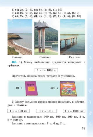 7171
1) (4; 2), (2; 5), (5; 6), (4; 8), (1; 10)
2) (4; 2), (2; 5), (5; 3), (3; 7), (5; 6), (2; 5), (6; 9)
3) (4; 2), (5; 6), (3; 4), (6; 1), (2; 1), (4; 5), (3; 10)
Ñèâàø Ñèíåâèð Ñâèòÿçü
466. 1) Ìàññó íåáîëüøèõ ïðåäìåòîâ èçìåðÿþò â
ãðàììàõ.
1 êã 1000 ã
Ïðî÷èòàé, êàêîâà ìàññà òåòðàäè è ó÷åáíèêà.
40 ã 420 ã
2) Ìàññó áîëüøèõ ãðóçîâ ìîæíî èçìåðÿòü â öåíòíå-
ðàõ è òîííàõ.
1 ö 100 êã 1 ò 10 ö 1 ò 1000 êã
Çàïèøè â öåíòíåðàõ: 500 êã, 800 êã, 300 êã, 3 ò,
8 ò 500 êã.
Çàïèøè â êèëîãðàììàõ: 7 ö; 6 ö; 2 ö.
Bogdanovych_Mat_P_3rus_(089-13)_v.indd 71 13.08.2014 10:32:50
 