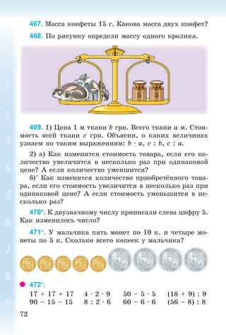 7272
467. Ìàññà êîíôåòû 15 ã. Êàêîâà ìàññà äâóõ êîíôåò?
468. Ïî ðèñóíêó îïðåäåëè ìàññó îäíîãî êðîëèêà.
1 5 5
469. 1) Öåíà 1 ì òêàíè b ãðí. Âñåãî òêàíè a ì. Ñòîè-
ìîñòü âñåé òêàíè ñ ãðí. Îáúÿñíè, î êàêèõ âåëè÷èíàõ
óçíàåì ïî òàêèì âûðàæåíèÿì: b · à, ñ : b, ñ : à.
2) à) Êàê èçìåíèòñÿ ñòîèìîñòü òîâàðà, åñëè åãî êî-
ëè÷åñòâî óâåëè÷èòñÿ â íåñêîëüêî ðàç ïðè îäèíàêîâîé
öåíå? À åñëè êîëè÷åñòâî óìåíøèòñÿ?
á)* Êàê èçìåíèòñÿ êîëè÷åñòâî ïðèîáðåò ííîãî òîâà-
ðà, åñëè åãî ñòîèìîñòü óâåëè÷èòñÿ â íåñêîëüêî ðàç ïðè
îäèíàêîâîé öåíå? À åñëè ñòîèìîñòü óìåíüøèòñÿ â íå-
ñêîëüêî ðàç?
470*. Ê äâóçíà÷íîìó ÷èñëó ïðèïèñàëè ñëåâà öèôðó 5.
Êàê èçìåíèëîñü ÷èñëî?
471. Ó ìàëü÷èêà ïÿòü ìîíåò ïî 10 ê. è ÷åòûðå ìî-
íåòû ïî 5 ê. Ñêîëüêî âñåãî êîïååê ó ìàëü÷èêà?
472.
17 + 17 + 17 4 · 2 · 9 50 – 5 · 5 (18 + 9) : 9
90 – 15 – 15 8 : 2 · 6 60 – 6 · 6 (56 – 8) : 8
Bogdanovych_Mat_P_3rus_(089-13)_v.indd 72 13.08.2014 10:32:50
 