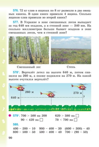 9090
576. 72 êã ñëèâ â ÿùèêàõ ïî 8 êã ðàçâåçëè â äâà îâîù-
íûõ êèîñêà. Â îäèí êèîñê ïðèâåçëè 4 ÿùèêà. Ñêîëüêî
ÿùèêîâ ñëèâ ïðèâåçëè âî âòîðîé êèîñê?
577. Â Óêðàèíå â çîíå ñìåøàííûõ ëåñîâ âûïàäàåò
çà ãîä 640 ìì îñàäêîâ, à â ñòåïíîé çîíå — 340 ìì. Íà
ñêîëüêî ìèëëèìåòðîâ áîëüøå áûâàåò îñàäêîâ â çîíå
ñìåøàííûõ ëåñîâ, ÷åì â ñòåïíîé çîíå?
Ñìåøàííûé ëåñ Ñòåïü
578. Âåðòîë ò ëåòåë íà âûñîòå 640 ì, ïîòîì ñíè-
çèëñÿ íà 260 ì, à ïîçæå ïîäíÿëñÿ íà 270 ì. Íà êàêîé
âûñîòå î÷óòèëñÿ âåðòîë ò?
640 ì
260 ì 270 ì
?
579. 700 > 500 íà 200 620 > 380 íà 
90 < 420 íà  70 < 700 íà 
580.
400 – 200 – 10 900 – 400 – 30 (600 + 300) – 40
800 – 500 – 50 500 – 400 – 40 700 – (90 – 50)
Bogdanovych_Mat_P_3rus_(089-13)_v.indd 90 13.08.2014 10:32:53
 