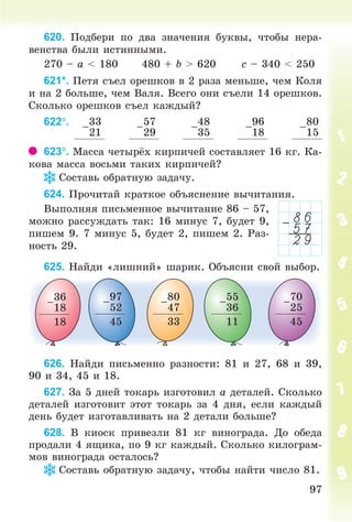 9797
620. Ïîäáåðè ïî äâà çíà÷åíèÿ áóêâû, ÷òîáû íåðà-
âåíñòâà áûëè èñòèííûìè.
270 – à < 180 480 + b > 620 ñ – 340 < 250
621*. Ïåòÿ ñúåë îðåøêîâ â 2 ðàçà ìåíüøå, ÷åì Êîëÿ
è íà 2 áîëüøå, ÷åì Âàëÿ. Âñåãî îíè ñúåëè 14 îðåøêîâ.
Ñêîëüêî îðåøêîâ ñúåë êàæäûé?
622. –
33
21
–
57
29
–
48
35
–
96
18
–
80
15
623. Ìàññà ÷åòûð õ êèðïè÷åé ñîñòàâëÿåò 16 êã. Êà-
êîâà ìàññà âîñüìè òàêèõ êèðïè÷åé?
Ñîñòàâü îáðàòíóþ çàäà÷ó.
624. Ïðî÷èòàé êðàòêîå îáúÿñíåíèå âû÷èòàíèÿ.
Âûïîëíÿÿ ïèñüìåííîå âû÷èòàíèå 86 – 57,
ìîæíî ðàññóæäàòü òàê: 16 ìèíóñ 7, áóäåò 9,
ïèøåì 9. 7 ìèíóñ 5, áóäåò 2, ïèøåì 2. Ðàç-
íîñòü 29.
625. Íàéäè «ëèøíèé» øàðèê. Îáúÿñíè ñâîé âûáîð.
–
36
18
18
–
97
52
45
–
70
25
45
–
80
47
33
–
55
36
11
626. Íàéäè ïèñüìåííî ðàçíîñòè: 81 è 27, 68 è 39,
90 è 34, 45 è 18.
627. Çà 5 äíåé òîêàðü èçãîòîâèë à äåòàëåé. Ñêîëüêî
äåòàëåé èçãîòîâèò ýòîò òîêàðü çà 4 äíÿ, åñëè êàæäûé
äåíü áóäåò èçãîòàâëèâàòü íà 2 äåòàëè áîëüøå?
628. Â êèîñê ïðèâåçëè 81 êã âèíîãðàäà. Äî îáåäà
ïðîäàëè 4 ÿùèêà, ïî 9 êã êàæäûé. Ñêîëüêî êèëîãðàì-
ìîâ âèíîãðàäà îñòàëîñü?
Ñîñòàâü îáðàòíóþ çàäà÷ó, ÷òîáû íàéòè ÷èñëî 81.
Bogdanovych_Mat_P_3rus_(089-13)_v.indd 97 13.08.2014 10:32:54
 