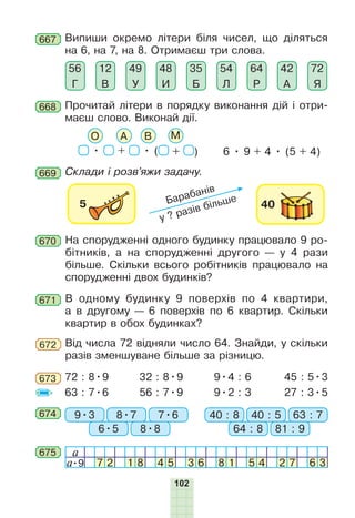 102
667 Випиши окремо літери біля чисел, що діляться
на 6, на 7, на 8. Отримаєш три слова.
54
Л
42
А
72
Я
64
Р
35
Б
48
И
49
У
12
В
56
Г
668 Прочитай літери в порядку виконання дій і отри-
маєш слово. Виконай дії.
6 • 9 + 4 • (5 + 4)• + • ( + )
АО В М
669 Склади і розв’яжи задачу.
670 На спорудженні одного будинку працювало 9 ро-
бітників, а на спорудженні другого — у 4 рази
більше. Скільки всього робітників працювало на
спорудженні двох будинків?
671 В одному будинку 9 поверхів по 4 квартири,
а в другому — 6 поверхів по 6 квартир. Скільки
квартир в обох будинках?
Від числа 72 відняли число 64. Знайди, у скільки
разів зменшуване більше за різницю.
672
72 : 8•9
63 : 7•6
32 : 8•9
56 : 7•9
9•4 : 6
9•2 : 3
45 : 5•3
27 : 3•5
673
674 9•3 40 : 88•7 40 : 5
6•5 64 : 8
7•6 63 : 7
8•8 81 : 9
675 a
a•9 7 2 1 8 4 5 3 6 8 1 5 4 2 7 6 3
 
