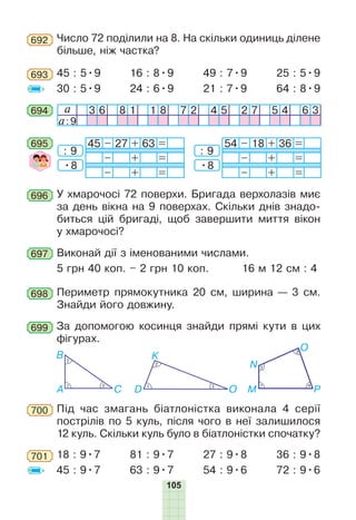 105
Число 72 поділили на 8. На скільки одиниць ділене
більше, ніж частка?
692
693 45 : 5•9
30 : 5•9
16 : 8•9
24 : 6•9
49 : 7•9
21 : 7•9
25 : 5•9
64 : 8•9
694 a 3 6 8 1 1 8 7 2 4 5 2 7 5 4 6 3
a:9
696 У хмарочосі 72 поверхи. Бригада верхолазів миє
за день вікна на 9 поверхах. Скільки днів знадо-
биться цій бригаді, щоб завершити миття вікон
у хмарочосі?
695 45 – 27 + 63 =
– + =
– + =
54 – 18 + 36 =
– + =
– + =
: 9
•8
: 9
•8
697 Виконай дії з іменованими числами.
5 грн 40 коп. – 2 грн 10 коп.	 16 м 12 см : 4
698 Периметр прямокутника 20 см, ширина — 3 см.
Знайди його довжину.
699 За допомогою косинця знайди прямі кути в цих
фігурах.
Під час змагань біатлоністка виконала 4 серії
пострілів по 5 куль, після чого в неї залишилося
12 куль. Скільки куль було в біатлоністки спочатку?
700
18 : 9•7
45 : 9•7
81 : 9•7
63 : 9•7
27 : 9•8
54 : 9•6
36 : 9•8
72 : 9•6
701
 
