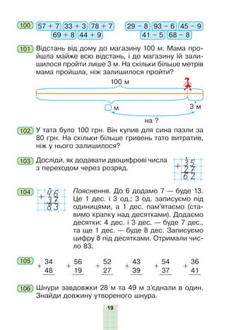 19
100 57 + 7 29 – 833 + 3 93 – 6
69 + 8 41 – 5
78 + 7 45 – 9
44 + 9 68 – 8
101 Відстань від дому до магазину 100 м. Мама про-
йшла майже всю відстань, і до магазину їй зали-
шилося пройти лише 3 м. На скільки більше метрів
мама пройшла, ніж залишилося пройти?
102 У тата було 100 грн. Він купив для сина пазли за
80 грн. На скільки більше гривень тато витратив,
ніж у нього залишилося?
103 Досліди, як додавати двоцифрові числа
з переходом через розряд.
35+
62
27
46+
83
37
104 Пояснення. До 6 додамо 7 — буде 13.
Це 1 дес. і 3 од.; 3 од. записуємо під
одиницями, а 1 дес. пам’ятаємо (ста-
вимо крапку над десятками). Додаємо
десятки: 4 дес. і 3 дес. — буде 7 дес.,
та ще 1 дес. — буде 8 дес. Записуємо
цифру 8 під десятками. Отримали чис-
ло 83.
105
+
34
+
56
+
52
+
43
+
54
+
36
48 19 27 39 37 41
106 Шнури завдовжки 28 м та 49 м з’єднали в один.
Знайди довжину утвореного шнура.
м 3 м
на ?
100 м
 
