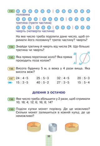 33
половина
третина (третя частина)
чверть (четверта частина)
На яке число треба поділити дане число, щоб от-
римати його половину? третю частину? чверть?
193
194 Знайди третину й чверть від числа 24. Що більше:
третина чи чверть?
195 Яка пряма перетинає коло? Яка пряма
проходить поза колом?
A M
NB
Висота будинку 5 м, а вежа у 4 рази вища. Яка
висота вежі?
196
24 : 4•5
15 : 3•5
25 : 5•3
40 : 5•2
32 : 4•5
27 : 3•5
20 : 5•3
15 : 5•4
197
198 Яке число треба збільшити у 2 рази, щоб отримати
10; 18; 4; 12; 6; 16; 8; 14?
ДІЛЕННЯ З ОСТАЧЕЮ
199 Поділи купки монет порівну. Де це можливо?
Скільки монет залишиться в кожній купці, де це
неможливо?
 