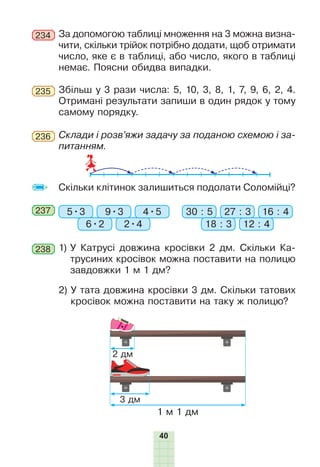 40
Збільш у 3 рази числа: 5, 10, 3, 8, 1, 7, 9, 6, 2, 4.
Отримані результати запиши в один рядок у тому
самому порядку.
235
237 5•3 30 : 5
6•2 18 : 32•4 12 : 4
9•3 27 : 34•5 16 : 4
1)

У Катрусі довжина кросівки 2 дм. Скільки Ка-
трусиних кросівок можна поставити на полицю
завдовжки 1 м 1 дм?
238
2)

У тата довжина кросівки 3 дм. Скільки татових
кросівок можна поставити на таку ж полицю?
2 дм
3 дм
1 м 1 дм
Склади і розв’яжи задачу за поданою схемою і за-
питанням.
236
Скільки клітинок залишиться подолати Соломійці?
За допомогою таблиці множення на 3 можна визна-
чити, скільки трійок потрібно додати, щоб отримати
число, яке є в таблиці, або число, якого в таблиці
немає. Поясни обидва випадки.
234
 