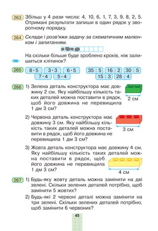 МС
45
265 8•5 35 : 5
7•4 15 : 35•4 28 : 4
3•3 16 : 26•5 30 : 5
2) Червона деталь конструктора має
довжину 3 см. Яку найбільшу кіль-
кість таких деталей можна поста-
вити в рядок, щоб його довжина не
перевищила 1 дм 3 см?
3) Жовта деталь конструктора має довжину 4 см.
Яку найбільшу кількість таких деталей мож-
на поставити в рядок, щоб
його довжина не перевищила
1 дм 3 см?
1) Будь-яку жовту деталь можна замінити на дві
зелені. Скільки зелених деталей потрібно, щоб
замінити 5 жовтих?
2) Будь-які 2 червоні деталі можна замінити на
три зелені. Скільки зелених деталей потрібно,
щоб замінити 6 червоних?
267
1) Зелена деталь конструктора має дов-
жину 2 см. Яку найбільшу кількість та-
ких деталей можна поставити в рядок,
щоб його довжина не перевищила
1 дм 3 см?
266
Збільш у 4 рази числа: 4, 10, 6, 1, 7, 3, 9, 8, 2, 5.
Отримані результати запиши в один рядок у зво-
ротному порядку.
263
Склади і розв’яжи задачу за схематичним малюн-
ком і запитанням.
264
На скільки більше буде зроблено кроків, ніж зали-
шиться клітинок?
2 см
3 см
4 см
 