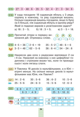 54
315 27 : 3 48 : 6 35 : 5 32 : 4 21 : 3 54 : 6
У саду посадили 18 саджанців яблунь у 3 ряди,
порівну в кожному, та ряд саджанців вишень.
Скільки саджанців вишень посадили, якщо їх було
на 5 більше, ніж саджанців яблунь в одному ряду?
Який із поданих виразів є розв’язанням задачі?
а) 18 : 3 – 5; б) 18 : 3 + 5; в) 3 • 5 + 18.
316
317 Прочитай літери в порядку ви-
конання дій. Отримаєш слово.
: ( – ) +
РІ К
319 Накресли два кола з радіусами відповідно 2 см
і 4 см. Намалюй на кожному з них циферблат го-
динника і стрілками вкажи час, коли ти прокида-
єшся і коли лягаєш спати.
У Павлика 18 дисків із мультфільмами, а в Юлі —
втричі менше. На скільки менше дисків із мульт­
фільмами має Юля, ніж Павлик?
320
14 : 2•6
25 : 5•6
30 : 5•6
24 : 6•3
36 : 6•2
15 : 5•6
10 : 5•6
12 : 6•3
321
322 6•8 42 : 64•7 16 : 4
6•3 25 : 5
3•7 12 : 4
4•9 18 : 6
323 20 – 12 + 28 =
– + =
– + =
32 – 24 + 8 =
– + =
– + =
: 4
•6
: 4
•6
318 4•5 + 36 2•6 + 19
3•3 + 48 62 – 5•6
35 : 5•2 48 : 6 + 6
36 : 6•4 54 – 24 : 6
 