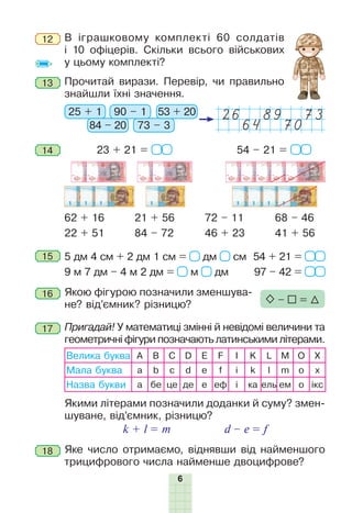 6
12
13
15
16
17
В іграшковому комплекті 60 солдатів
і 10 офіцерів. Скільки всього військових
у цьому комплекті?
Прочитай вирази. Перевір, чи правильно
знайшли їхні значення.
26 89 73
64 70
14 23 + 21 = 54 – 21 =
72 – 11
46 + 23
68 – 46
41 + 56
62 + 16
22 + 51
21 + 56
84 – 72
Якою фігурою позначили зменшува-
не? від’ємник? різницю? – =
5 дм 4 см + 2 дм 1 см = дм см 54 + 21 =
9 м 7 дм – 4 м 2 дм = м дм 97 – 42 =
Пригадай! У математиці змінні й невідомі величини та
геометричні фігури позначають латинськими літерами.
Велика буква A B C D E F I K L M O X
Мала буква a b c d e f i k l m o x
Назва букви а бе це де е еф і ка ель ем о ікс
Якими літерами позначили доданки й суму? змен-
шуване, від’ємник, різницю?
k + l = m d – e = f
25 + 1
84 – 20 73 – 3
90 – 1 53 + 20
18 Яке число отримаємо, віднявши від найменшого
трицифрового числа найменше двоцифрове?
 