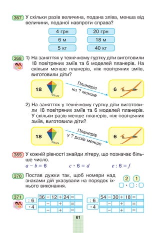 61
У скільки разів величина, подана зліва, менша від
величини, поданої навпроти справа?
367
4 грн 20 грн
6 м 18 м
5 кг 40 кг
У кожній рівності знайди літеру, що позначає біль-
ше число.
a – b = 6 c • 6 = d e : 6 = f
369
Постав дужки так, щоб номери над
знаками дій указували на порядок їх-
нього виконання. • :
12
370
1)

На заняттях у технічному гуртку діти виготовили
18 повітряних зміїв та 6 моделей планерів. На
скільки менше планерів, ніж повітряних зміїв,
виготовили діти?
2)

На заняттях у технічному гуртку діти виготови-
ли 18 повітряних зміїв та 6 моделей планерів.
У скільки разів менше планерів, ніж повітряних
зміїв, виготовили діти?
368
36 – 12 + 24 =
– + =
– + =
54 – 30 + 18 =
– + =
– + =
: 6
•4
: 6
•4
371
Планерів
Планерів
на ? менше
у ? разів менше
 