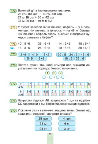 62
Виконай дії з іменованими числами.
25 грн 80 коп. – 13 грн 60 коп.
24 м 16 см + 36 м 42 см
37 м 29 см – 19 м 6 см
372
У буфет завезли 32 кг печива, вафель — у 4 рази
менше, ніж печива, а цукерок — на 48 кг більше,
ніж печива і вафель разом. Скільки кілограмів цу-
керок завезли в буфет?
373
40 : 5•6
18 : 3•6
36 : 6•4
24 : 6•5
14 : 2•6
10 : 5•6
48 : 6•4
30 : 6•3
374
a 7 3 9 5 4 2 8 6
a•5
b 3 6 1 8 4 8 2 4 1 2 3 0 5 4 4 2
b:6
377
375 3•6 30 : 54•9 24 : 3
5•9 18 : 3
5•2 48 : 6
6•6 36 : 6
Постав дужки так, щоб номери над знаками дій
указували на порядок їхнього виконання.
376
– + •
3 21
378 Накресли відрізок АВ завдовжки 1 дм та відрізок
CD завдовжки 1 см. Порівняй довжини цих відрізків.
379 У скільки разів величина, подана зліва, більша від
величини, поданої навпроти справа?
28 грн 4 грн
36 м 6 м
24 кг 3 кг
 
