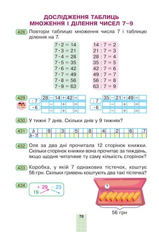 70
429 28 – 14 + 42 =
– + =
– + =
35 – 21 + 49 =
– + =
– + =
: 7
•6
: 7
•6
430 У тижні 7 днів. Скільки днів у 9 тижнях?
431 b 9 3 5 8 4 2 6 7
b•7
432 Оля за два дні прочитала 12 сторінок книжки.
Скільки сторінок книжки вона прочитає за тиждень,
якщо щодня читатиме ту саму кількість сторінок?
Коробка, у якій 7 однакових тістечок, коштує
56 грн. Скільки гривень коштують два такі тістечка?
433
19
+ 29 – 23434 ?
56 грн
ДОСЛІДЖЕННЯ ТАБЛИЦЬ
МНОЖЕННЯ І ДІЛЕННЯ ЧИСЕЛ 7–9
428 Повтори таблицю множення числа 7 і таблицю
ділення на 7.
7•2 = 14
7•3 = 21
7•4 = 28
7•5 = 35
7•6 = 42
7•7 = 49
7•8 = 56
7•9 = 63
14 : 7 = 2
21 : 7 = 3
28 : 7 = 4
35 : 7 = 5
42 : 7 = 6
49 : 7 = 7
56 : 7 = 8
63 : 7 = 9
 