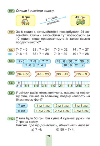71
За 6 годин в автомайстерні пофарбували 24 ав-
томобілі. Скільки автомобілів тут пофарбують за
10 годин, якщо працюватимуть із такою самою
продуктивністю?
436
437 7•7 – 6
7•6 – 6
28 : 7 + 24
63 : 7 + 28
7•3 + 32
7•9 – 39
14 : 7 + 27
49 : 7 + 28
438 7•5 48 : 67•9 56 : 7
7•8 18 : 6
7•7 30 : 6
7•4 21 : 7
439 34 + 56 48 – 23 90 – 42 25 + 9
440 b
b•7 5 6 1 4 3 5 4 9 2 1 6 3 2 8 4 2
441 У скільки разів кожна величина, подана на жовто-
му фоні, більша за величину, подану навпроти на
блакитному фоні?
7 дм 1 м 4 дм 2 м 1 дм 3 м 5 дм
6 см 1 дм 2 см 2 дм 4 см 3 дм 6 см
У тата було 50 грн. Він купив 4 кулькові ручки, по
7 грн за кожну.
Поясни, про що дізнаємось, обчисливши вирази:
а) 7•4; б) 50 – 7•4.
442
Склади і розв’яжи задачу.435
У ? разів
дорожче
 