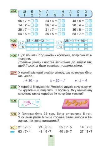 78
495 63 – 35 + 21 =
– + =
– + =
28 – 14 + 49 =
– + =
– + =
: 7
•5
: 7
•5
496 Щоб пошити 7 однакових костюмів, потрібно 28 м
тканини.
Доповни умову і постав запитання до задачі так,
щоб її можна було розв’язати двома діями.
У кожній рівності знайди літеру, що позначає біль-
ше число.
t + 20 = u k – 20 = f p : k = 4
497
498 У коробці 6 круасанів. Четверо друзів хочуть купи-
ти круасани й поділити їх порівну. Яку найменшу
кількість таких коробок їм потрібно купити?
8
+ 26 – 19499
У Галинки було 36 грн. Вона витратила 6 грн.
У скільки разів більше грошей залишилося в Га-
линки, ніж вона витратила?
500
21 : 7•5
63 : 7•4
24 : 6•5
48 : 6•7
35 : 7•5
40 : 5•7
14 : 7•6
27 : 3•7
501
494 Ш
1
Е
2
Р
3
Л
4
І
5
Н
6
А
7
С
8
О
9
56 : 7 =
14 : 2 =
28 : 7 =
54 : 6 =
24 : 4 =
36 : 4 =
21 : 7 =
35 : 5 =
48 : 6 =
20 : 4 =
36 : 6 =
63 : 7 =
 
