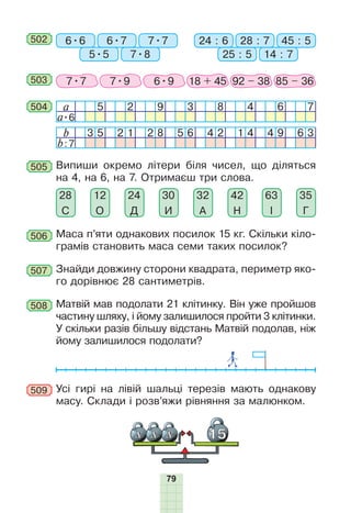 79
509 Усі гирі на лівій шальці терезів мають однакову
масу. Склади і розв’яжи рівняння за малюнком.
502 6•6 24 : 66•7 28 : 7
5•5 25 : 5
7•7 45 : 5
7•8 14 : 7
a 5 2 9 3 8 4 6 7
a•6
b 3 5 2 1 2 8 5 6 4 2 1 4 4 9 6 3
b:7
504
Маса п’яти однакових посилок 15 кг. Скільки кіло-
грамів становить маса семи таких посилок?
506
Знайди довжину сторони квадрата, периметр яко-
го дорівнює 28 сантиметрів.
507
Матвій мав подолати 21 клітинку. Він уже пройшов
частину шляху, і йому залишилося пройти 3 клітинки.
У скільки разів більшу відстань Матвій подолав, ніж
йому залишилося подолати?
508
503 7•7 7•9 6•9 18 + 45 92 – 38 85 – 36
Випиши окремо літери біля чисел, що діляться
на 4, на 6, на 7. Отримаєш три слова.
505
42
Н
35
Г
63
І
32
А
30
И
24
Д
12
О
28
С
 
