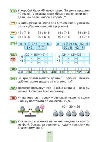 90
Знайди різницю чисел 45 і 5 та обчисли, у скільки
разів від’ємник менший від різниці.
577
42 : 7•8
36 : 4•8
24 : 8•6
30 : 6•8
14 : 7•8
49 : 7•8
64 : 8•3
21 : 7•8
578
579 6•4 21 : 73•7 36 : 6
8•2 20 : 5
7•5 42 : 6
7•7 42 : 7
a
a•8 5 6 3 2 6 4 4 8 4 0 1 6 7 2 2 4
581
За три золоті монети дають 18 срібних. Скільки
срібних монет дадуть за сім золотих?
582
30 – 18 + 42 =
– + =
– + =
24 – 12 + 36 =
– + =
– + =
: 6
•8
: 6
•8
580
Довжина прямокутника 13 см, а ширина — на 5 см
менша. Обчисли його периметр.
583
584 Чи залишаться терези у рівновазі, якщо на кожну
шальку поставити по однаковій гирі?
10 = 30 – 20
585 У скільки разів кожна величина, подана на жовто-
му фоні, більша за величину, подану навпроти на
блакитному фоні?
576 У коробці було 48 пачок кави. За день продали
40 пачок. У скільки разів більше пачок кави про-
дали, ніж залишилося в коробці?
 