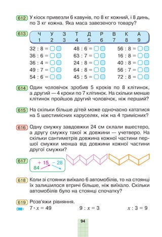94
613 Ч
1
У
2
З
3
Т
4
Д
5
Р
6
В
7
К
8
А
9
32 : 8 =
36 : 6 =
36 : 4 =
49 : 7 =
54 : 6 =
48 : 6 =
63 : 7 =
24 : 8 =
64 : 8 =
45 : 5 =
56 : 8 =
16 : 8 =
40 : 8 =
56 : 7 =
72 : 8 =
Коли зі стоянки виїхало 6 автомобілів, то на стоянці
їх залишилося втричі більше, ніж виїхало. Скільки
автомобілів було на стоянці спочатку?
618
619 Розв’яжи рівняння.
7•x = 49 9 : x = 3 x : 3 = 9
614 Один чоловічок зробив 5 кроків по 8 клітинок,
а другий — 4 кроки по 7 клітинок. На скільки менше
клітинок пройшов другий чоловічок, ніж перший?
Одну смужку завдовжки 24 см склали вшестеро,
а другу смужку такої ж довжини — учетверо. На
скільки сантиметрів довжина кожної частини пер-
шої смужки менша від довжини кожної частини
другої смужки?
616
617
84
+ 15 – 28
У кіоск привезли 6 кавунів, по 8 кг кожний, і 8 динь,
по 3 кг кожна. Яка маса завезеного товару?
612
615 На скільки більше дітей може одночасно кататися
на 5 шестимісних каруселях, ніж на 4 тримісних?
 