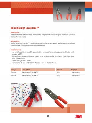 Descripción
Las Herramientas Scotchlok™ son herramientas compactas de alta calidad para realizar las funciones
básicas de conexionado.
Aplicaciones
Las Herramientas Scotchlok™ son herramientas multifuncionales para el corte de cables en calibres
Características
UL y por la CSA.
otras funciones más.
EmpaqueMedidaDescripciónCódigo
1 herramientaN/AHerramienta Scotchlok™TH-440
1 herramientaN/AHerramienta Scotchlok™TH-450
Descripción
Los soportes para montaje son dispositivos hechos de acero galvanizado.
Aplicaciones
Los soportes para montaje se utilizan especíﬁcamente para sujetar las terminaciones contráctiles en frío.
Características
EmpaqueMedidaDescripciónCódigo
1 soporte para montajePara cable 1/0 AWG para 15 kVSoporte para montajeMB-4
1 soporte para montajePara cable 1/0 AWG para 35 kVSoporte para montajeMB-5
 