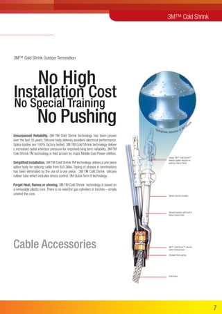 Cable Accessories
3M™ Cold Shrink Outdoor Termination
No High
Installation Cost
No Special Training
No Pushing
Unsurpassed Reliability. 3M TM Cold Shrink technology has been proven
over the last 35 years. Silicone body delivers excellent electrical performance.
Splice bodies are 100% factory tested. 3M TM Cold Shrink technology deliver
s increased radial interface pressure for improved long term reliability. 3M TM
Cold Shrink TM technology is field proven by major Middle East Power utilities.
Simplified Installation. 3M TM Cold Shrink TM technology utilises a one piece
splice body for splicing cable from 6,6-36kv. Taping of phases in terminations
has been eliminated by the use of a one piece 3M TM Cold Shrink silicone
rubber tube which includes stress control, 3M Quick Term II technology.
Forget Heat, flames or shoving. 3M TM Cold Shrink technology is based on
a removable plastic core.There is no need for gas cylinders or torches – simply
unwind the core.
Unique 3M™ Cold Shrink™
delivery system requires no
pushing, heat or flame
Skirted Silicone Insulator
Silicone Insulator with built in
Stress Control Tube
3M™ Cold Shrink™ silicone
cable breakout boot
COnstant force spring
Earth Braid
Hydrophobic behaviour of 3M Silicon
e
3M™ Cold Shrink
7
 