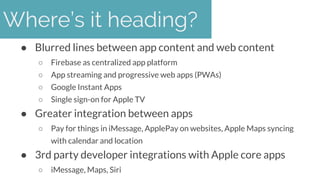 Where’s it heading?
● Blurred lines between app content and web content
○ Firebase as centralized app platform
○ App strea...