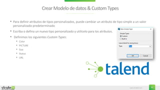 www.stratebi.com 41
CrearModelodedatos&CustomTypes
• Para definir atributos de tipos personalizados, puede cambiar un atributo de tipo simple a un valor
personalizado predeterminado
• Escriba o defina un nuevo tipo personalizado y utilícelo para los atributos.
• Definimos los siguientes Custom Types:
• Color
• PICTURE
• Size
• Status
• URL
 