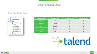 www.stratebi.com 46
DefinirEntidadStore
• Crear New Entity: Store:
Element Name Element Type Min. Ocurrence Max. Ocurrence
Id (auto) int 1 1
Address String 1 1
Lat Double 0 1
Long Double 0 1
Map URL 0 1
 