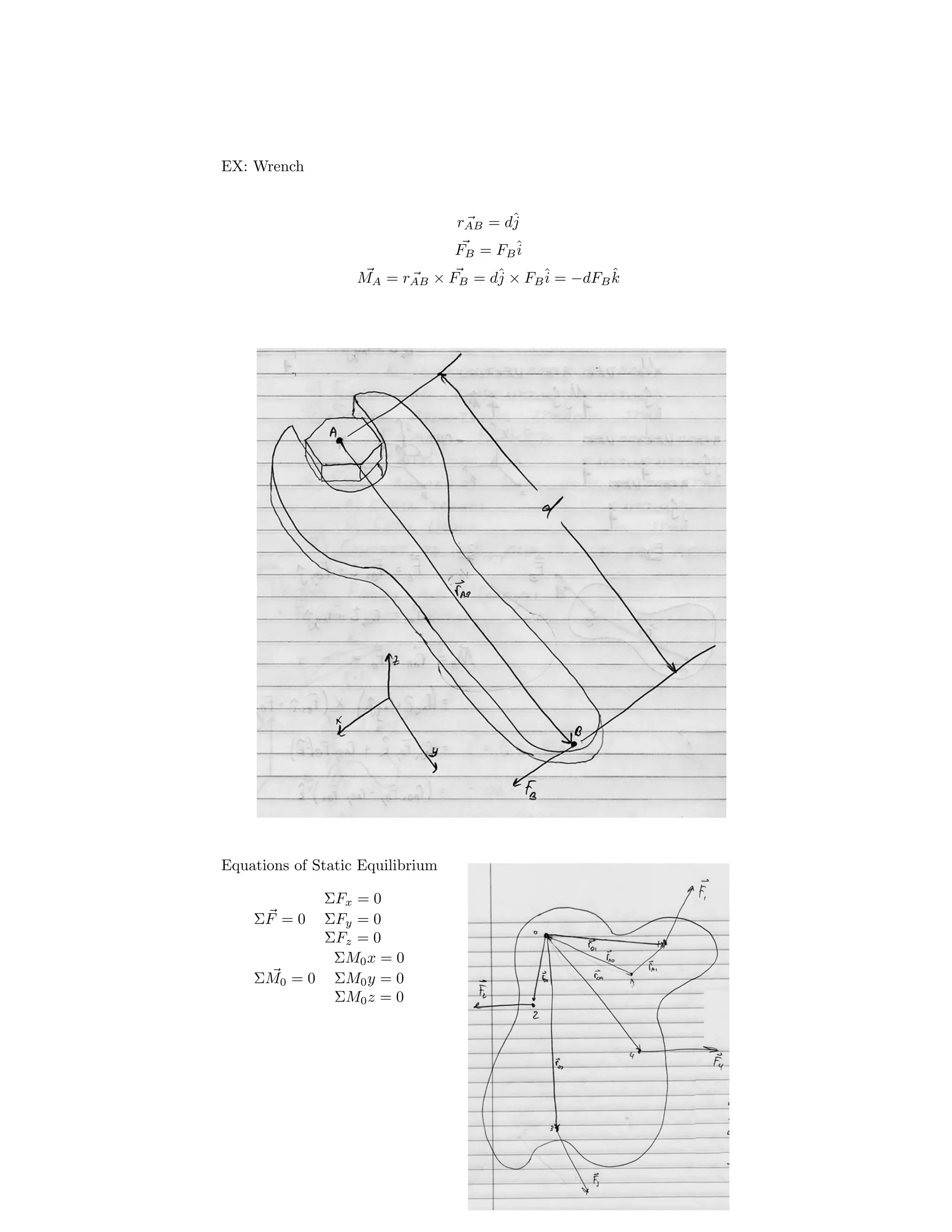 EX: Wrench
= dˆj
FB = FB
ˆi
M × F = dˆj × FB
ˆi = −dFBkˆ
rAB
A = rAB B
Equations of Static Equilibrium
ΣFx = 0
ΣF = 0 ΣFy = 0
ΣFz = 0
ΣM0x = 0
ΣM0 = 0 ΣM0y = 0
ΣM0z = 0
 
