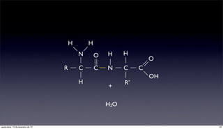 H       H
                                             N       O   H     H
                                                                        O
                                     R       C       C   N     C    C
                                                                        OH
                                             H                 R’
                                                         +

                                                         H2O


sexta-feira, 15 de fevereiro de 13                                           23
 
