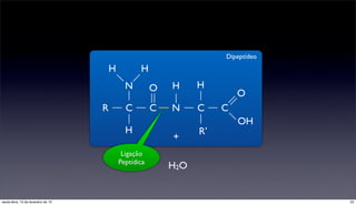 Dipeptídeo
                                         H          H
                                               N         O   H     H
                                                                            O
                                     R         C         C   N     C    C
                                                                            OH
                                               H                   R’
                                                             +
                                              Ligação
                                             Peptídica
                                                             H2O


sexta-feira, 15 de fevereiro de 13                                                   23
 