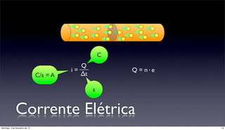 C
                                             Q
                                          i=              Q = n·e
                                C/s = A      ∆t

                                                  s


              Corrente Elétrica
domingo, 3 de fevereiro de 13                                       14
 
