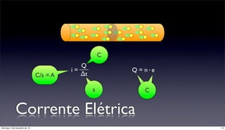 C
                                             Q
                                          i=              Q = n·e
                                C/s = A      ∆t

                                                  s          C


              Corrente Elétrica
domingo, 3 de fevereiro de 13                                       14
 