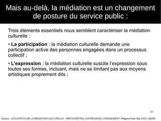 10
Mais au-delà, la médiation est un changement
de posture du service public :
Trois éléments essentiels nous semblent caractériser la médiation
culturelle :
• La participation : la médiation culturelle demande une
participation active des personnes engagées dans un processus
collectif ;
• L’expression : la médiation culturelle suscite l’expression sous
toutes ses formes, incluant, mais ne se limitant pas aux moyens
artistiques proprement dits ;
Source : LES EFFETS DE LA MÉDIATION CULTURELLE : PARTICIPATION, EXPRESSION, CHANGEMENT, Rapport final, Mai 2014, UQAM
 