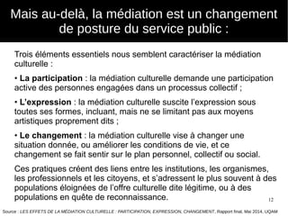 12
Mais au-delà, la médiation est un changement
de posture du service public :
Trois éléments essentiels nous semblent caractériser la médiation
culturelle :
• La participation : la médiation culturelle demande une participation
active des personnes engagées dans un processus collectif ;
• L’expression : la médiation culturelle suscite l’expression sous
toutes ses formes, incluant, mais ne se limitant pas aux moyens
artistiques proprement dits ;
• Le changement : la médiation culturelle vise à changer une
situation donnée, ou améliorer les conditions de vie, et ce
changement se fait sentir sur le plan personnel, collectif ou social.
Ces pratiques créent des liens entre les institutions, les organismes,
les professionnels et les citoyens, et s’adressent le plus souvent à des
populations éloignées de l’offre culturelle dite légitime, ou à des
populations en quête de reconnaissance.
Source : LES EFFETS DE LA MÉDIATION CULTURELLE : PARTICIPATION, EXPRESSION, CHANGEMENT, Rapport final, Mai 2014, UQAM
 