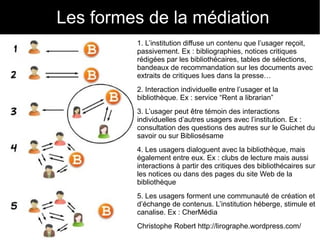 23
1. L’institution diffuse un contenu que l’usager reçoit,
passivement. Ex : bibliographies, notices critiques
rédigées par les bibliothécaires, tables de sélections,
bandeaux de recommandation sur les documents avec
extraits de critiques lues dans la presse…
2. Interaction individuelle entre l’usager et la
bibliothèque. Ex : service “Rent a librarian”
3. L’usager peut être témoin des interactions
individuelles d’autres usagers avec l’institution. Ex :
consultation des questions des autres sur le Guichet du
savoir ou sur Bibliosésame
4. Les usagers dialoguent avec la bibliothèque, mais
également entre eux. Ex : clubs de lecture mais aussi
interactions à partir des critiques des bibliothécaires sur
les notices ou dans des pages du site Web de la
bibliothèque
5. Les usagers forment une communauté de création et
d’échange de contenus. L’institution héberge, stimule et
canalise. Ex : CherMédia
Christophe Robert http://lirographe.wordpress.com/
Les formes de la médiation
 