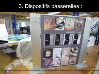 47
3. Dispositifs passerelles :
Frédéric Souchon DCB
http://www.enssib.fr/bibliotheque-numerique/documents/64182-faire-vivre-les-ressources-numeriques-dans-la-bibliotheque-physique-le-cas-des-biblio
 