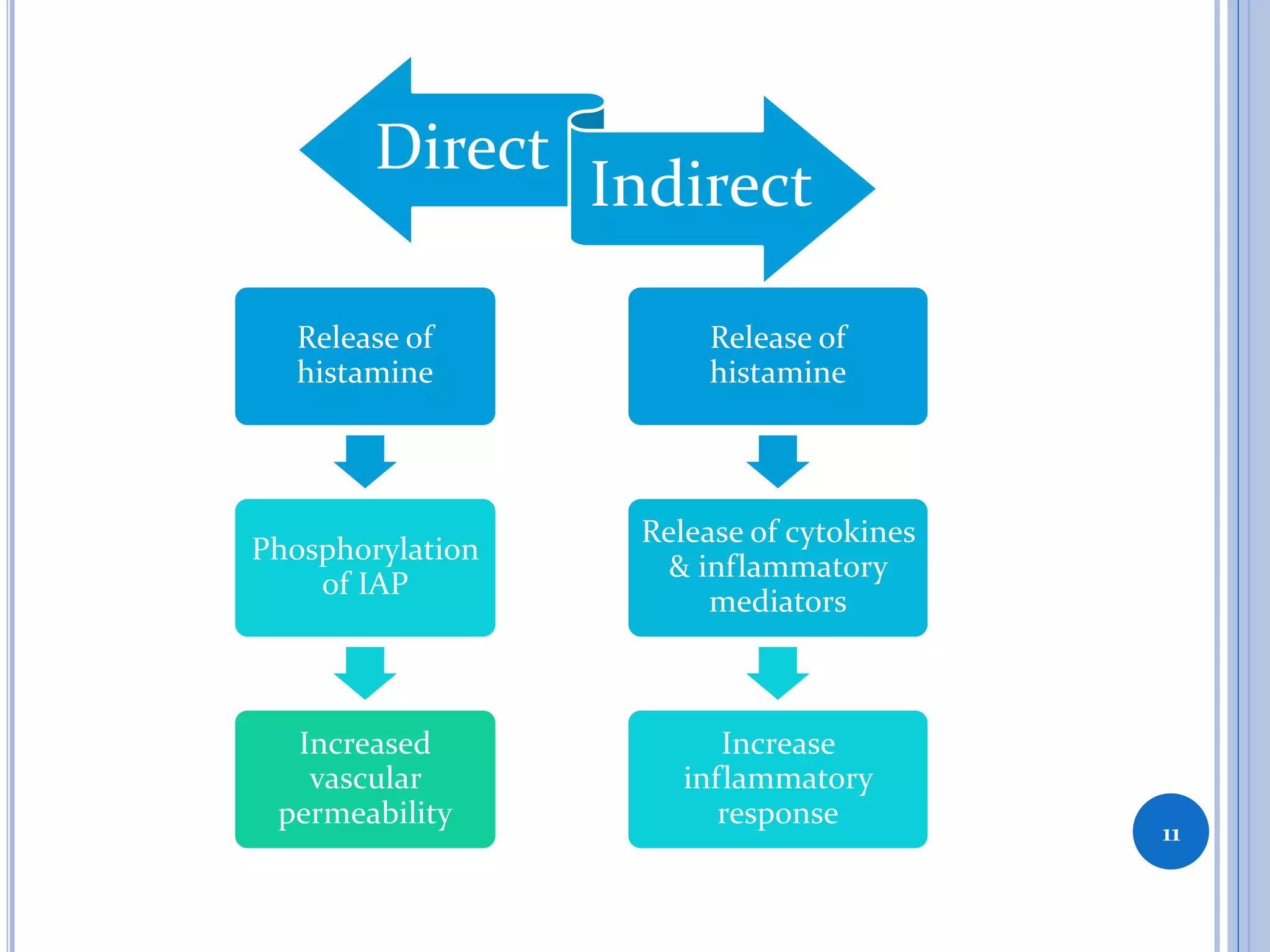 Direct
Indirect
11
Release of
histamine
Phosphorylation
of IAP
Increased
vascular
permeability
Release of
histamine
Release of cytokines
& inflammatory
mediators
Increase
inflammatory
response
 