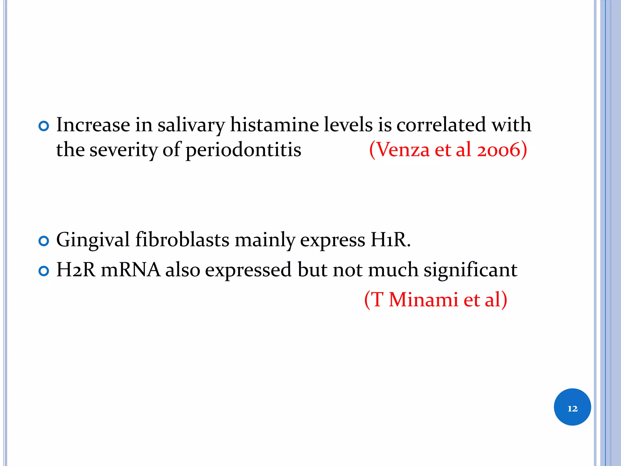  Increase in salivary histamine levels is correlated with
the severity of periodontitis (Venza et al 2006)
 Gingival fibroblasts mainly express H1R.
 H2R mRNA also expressed but not much significant
(T Minami et al)
12
 