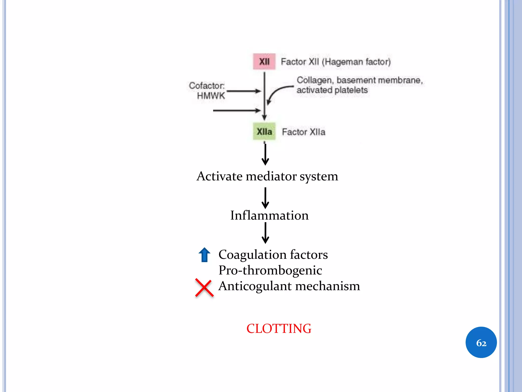 62
Activate mediator system
Inflammation
Coagulation factors
Pro-thrombogenic
Anticogulant mechanism
CLOTTING
 