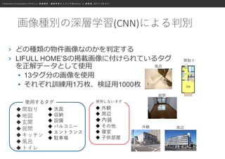 ≪ S a n s a n × C o o k p a d × L I F U L L ≫ 画 像 解 析 ・ 機 械 学 習 エ ン ジ ニ ア M e e t u p i n 表 参 道 ( 2 0 1 7 . 0 8 . 0 1 )
› どの種類の物件画像なのかを判定する
› LIFULL HOME’Sの掲載画像に付けられているタグ
を正解データとして使用
• 13タグ分の画像を使用
• それぞれ訓練用1万枚、検証用1000枚
 外観
 周辺
内装
 その他
 寝室
 子供部屋
 洗面
 収納
 設備
 バルコニー
 エントランス
 駐車場
使用するタグ 使用しないタグ
外観 周辺
居間
間取り
風呂
間取り
地図
玄関
居間
キッチン
風呂
トイレ
画像種別の深層学習(CNN)による判別
 