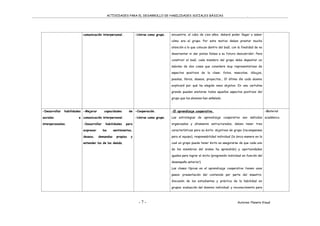ACTIVIDADES PARA EL DESARROLLO DE HABILIDADES SOCIALES BÁSICAS .
- 7 - Autores: Planeta Visual
comunicación interpersonal. -Unirse como grupo. encuentre, al cabo de cien años, deberá poder llegar a saber
cómo era el grupo. Por este motivo deben prestar mucha
atención a lo que colocan dentro del baúl, con la finalidad de no
desorientar ni dar pistas falsas a su futuro descubridor. Para
construir el baúl, cada miembro del grupo debe depositar un
máximo de dos cosas que considere muy representativas de
aspectos positivos de la clase: fotos, mascotas, dibujos,
poesías, libros, deseos, proyectos... El último día cada alumno
explicará por qué ha elegido esos objetos. En una cartulina
grande pueden anotarse todos aquellos aspectos positivos del
grupo que los alumnos han señalado.
-Desarrollar habilidades
sociales e
interpersonales.
-Mejorar capacidades de
comunicación interpersonal.
-Desarrollar habilidades para
expresar los sentimientos,
deseos, demandas propias y
entender los de los demás.
-Cooperación.
-Unirse como grupo.
-El aprendizaje cooperativo.
Las estrategias de aprendizaje cooperativo son métodos
organizados y altamente estructurados, deben tener tres
características para su éxito: objetivos de grupo (recompensas
para el equipo), responsabilidad individual (la única manera en la
cual un grupo puede tener éxito es asegurarse de que cada uno
de los miembros del mismo ha aprendido) y oportunidades
iguales para lograr el éxito (progresión individual en función del
desempeño anterior).
Las clases típicas en el aprendizaje cooperativo tienen unos
pasos: presentación del contenido por parte del maestro;
discusión de los estudiantes y práctica de la habilidad en
grupos; evaluación del dominio individual; y reconocimiento para
-Material
académico.
 