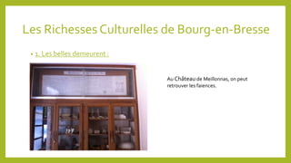 Les Richesses Culturelles de Bourg-en-Bresse 
• 1. Les belles demeurent : 
Au Château de Meillonnas, on peut 
retrouver les faiences. 
 