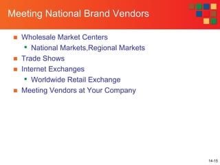 14-15
Meeting National Brand Vendors
■ Wholesale Market Centers

National Markets,Regional Markets
■ Trade Shows
■ Internet Exchanges

Worldwide Retail Exchange
■ Meeting Vendors at Your Company
 