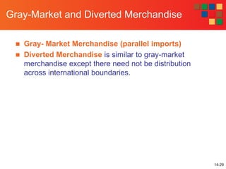 14-29
Gray-Market and Diverted Merchandise
■ Gray- Market Merchandise (parallel imports)
■ Diverted Merchandise is similar to gray-market
merchandise except there need not be distribution
across international boundaries.
 