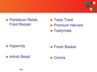 ■ Pantaloon Retail,
Food Bazaar
■ Hypercity
■ Infiniti Retail
■ Tasty Treat
■ Premium Harvest
■ Tastymate
■ Fresh Basket
■ Croma
16-5
 