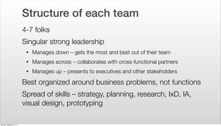 Structure of each team 
4-7 folks 
Singular strong leadership 
• Manages down – gets the most and best out of their team 
...