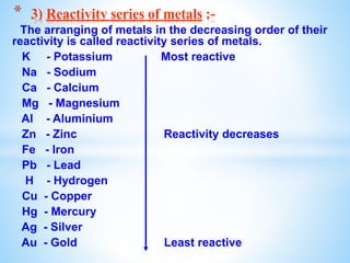 The arranging of metals in the decreasing order of their
reactivity is called reactivity series of metals.
K - Potassium Most reactive
Na - Sodium
Ca - Calcium
Mg - Magnesium
Al - Aluminium
Zn - Zinc Reactivity decreases
Fe - Iron
Pb - Lead
H - Hydrogen
Cu - Copper
Hg - Mercury
Ag - Silver
Au - Gold Least reactive
* 3) Reactivity series of metals :-
 