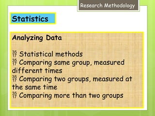 Statistics
Research Methodology
Analyzing Data
 Statistical methods
 Comparing same group, measured
different times
 Comparing two groups, measured at
the same time
 Comparing more than two groups
 